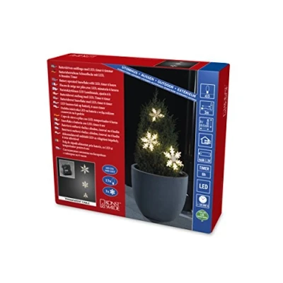Abbildung von Konstsmide LED Lichtervorhang, 3 Acryl Schneeflocken, mit 6h Timer, 15 warm weiße Dioden, batteriebetrieben, Außen (IP44), transparentes Kabel, 4 x AA 1.5V (exkl.) 6132 103