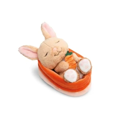 Abbildung von NICI Kuscheltier Hase mit Karotte 12cm schlafend im Körbchen braun Stofftier aus weichem Plüsch, niedliches Plüschtier zum Kuscheln und Spielen, für Kinder &amp; Erwachsene 61584