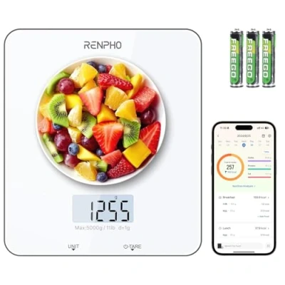 Abbildung von RENPHO Küchenwaage Digital, Waage mit LCD Display, Professionelle Haushaltswaage Tara Funktion, Gewicht bis zu 5 kg (1g Genaue), Lebensmittelwaage zum Backen und Kochen, Weiß