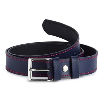 Abbildung von Ladeheid Kinder Gürtel Ledergürtel Mode Accessoire für Jungen mit Schnalle 2,5 cm Breit K1D5 (Navyblau/Rot, 70 (Gesamtlänge 89 cm))