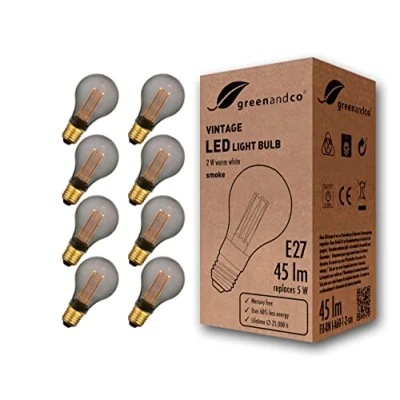 Abbildung von greenandco 8x Vintage Design LED Birne zur Stimmungsbeleuchtung E27 A60 smoke 2W 45lm 1800K extra warmweiß 320 230V flimmerfrei nicht dimmbar Edison Glühbirne