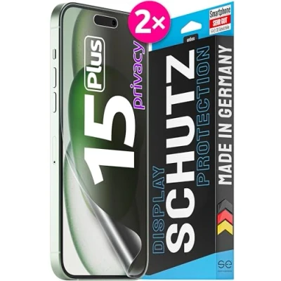 Abbildung von 2x se® 3D SCHUTZFOLIE Privacy für Apple iPhone 15 Plus,Blickschutz, 100% Fingerabdruck &amp; FaceID kompatibel, einfache blasenfreie Installation, Ultra Klar, Stoß Kratzfest, aus Deutschland