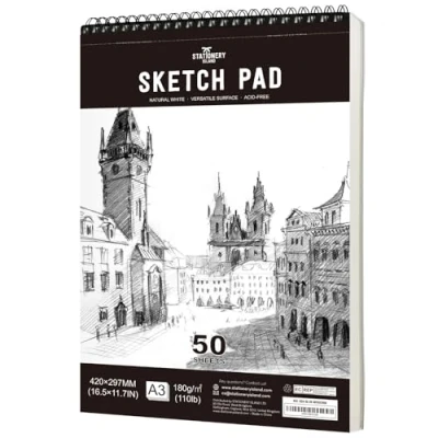 Abbildung von STATIONERY ISLAND Skizzenbuch, A3 Zeichenblock 180 g/m² Dickes Papier, 100 Seiten / 50 Bögen Spiralgebundenes DIN Sketchbook 1 Packungen