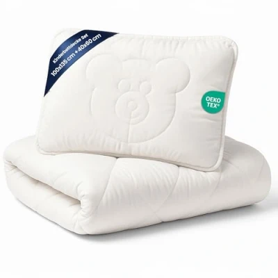 Abbildung von Kinderdecke Baby Bettdecke Kinderbettdecke 100x135 cm Decke und Kissen mit Bärchenmotiv 40x60 Kinder bettdecken Set Steppdecke Bettzeug Mikrofaser Weiß