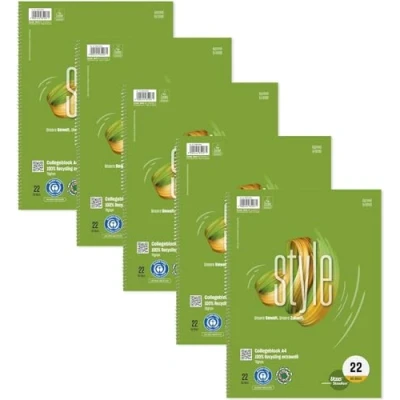 Abbildung von Staufen Ursus Style Collegeblock, 5 Stück, DIN A4, Lineatur 22 (5mm kariert), 80 Blatt, 4 fach Lochung, premiumweißes 70g/m² Recyclingpapier, Green