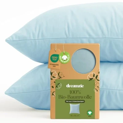 Abbildung von Dreamzie 100% Bio Baumwolle Kissenbezug 80x80 cm 2er Set Blau mit Reißverschluss Oeko Tex