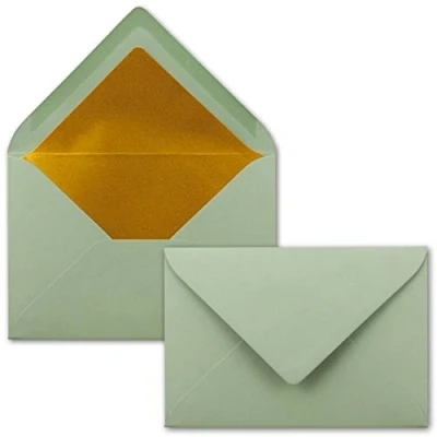 Abbildung von Kuverts in Eukalyptus Grün 25 Stück Brief Umschläge DIN C6 114 x 162 mm 11,4 16,2 cm Naßklebung matte Oberfläche &amp; Gold Metallic Fütterung ohne Fenster für Einladungen