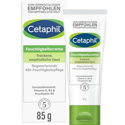 Abbildung von Cetaphil Feuchtigkeitscreme, 85ml, Für trockene, empfindliche Haut, Spendet intensiv 48h Feuchtigkeit und stärkt die Widerstandskraft, Mit Vitamin B3, Provitamin B5, Sonnenblumenöl, Mandelöl, Glycerin