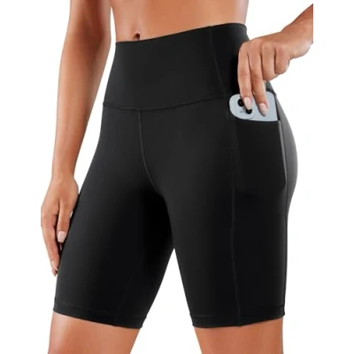 Abbildung von CRZ Yoga Naked Feeling Damen Radlerhose mit Taschen Hohe Taille Shorts Kurze Sporthose Sport Leggings Sportshorts 20cm Schwarz 36