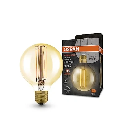 Abbildung von OSRAM Vintage 1906 LED Lampe mit Gold Tönung, 8,8W, 806lm, Kugel Form 80mm Durchmesser &amp; E27 Sockel, warmweiße Lichtfarbe, gerades Filament, dimmbar, bis zu 15.000 Stunden Lebensdauer
