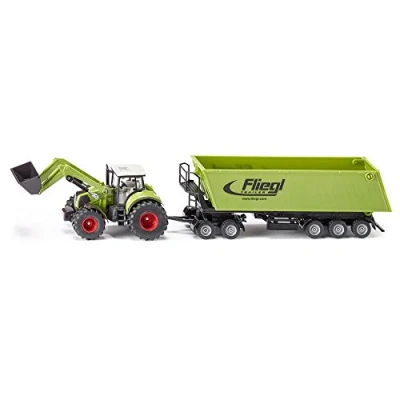 Abbildung von siku 1949, Claas Axion Traktor mit Frontlader, Dolly und Muldenkipper, 1:50, Metall/Kunststoff, Grün, Bewegliche Schaufel Frontlader Schwinge, Kippbare Mulde