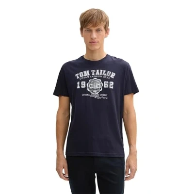 Abbildung von TOM TAILOR Herren T Shirt mit Logo Print, 10690 Knitted Navy, S
