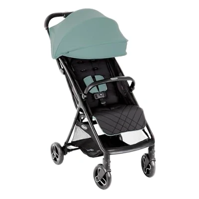Abbildung von Graco Myavo™ Reisebuggy, ab Geburt bis ca. 4 Jahre (bis 22 kg), leicht, schnell zusammenklappbar, zusammengeklappt freistehend, großer Staukorb, inkl. Regenverdeck, Mint