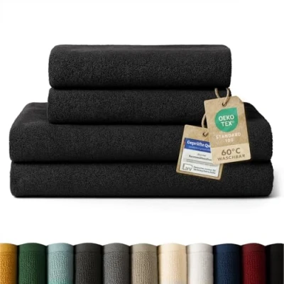 Abbildung von Blumtal Premium Frottier Handtücher Set mit Aufhängschlaufen Baumwolle Oeko TEX Zertifiziert, weich, saugstark 2X Badetuch (70x140 cm), Handtuch (50x100 Schwarz