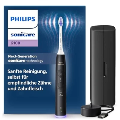 Abbildung von Philips Sonicare 6100 elektrische Zahnbürste, Schallzahnbürste mit 2 Putzmodi und 3 Intensitätsstufen, Andruckkontrolle, EasyStart, SmarTimer, Schwarz, Modell HX7401/07 [Neue Technologie]