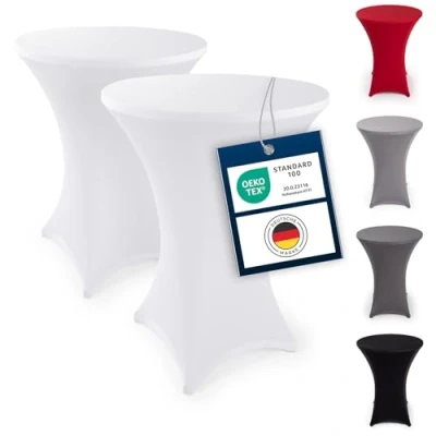 Abbildung von Blumtal 2er Set Stretch Stehtisch Hussen Bügelfrei Oeko TEX zertifizierte Tischhussen für Stehtische Ø 80 85 cm Verstärkung im Fußbereich waschmaschinengeeignet Weiß