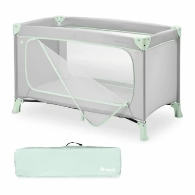 Abbildung von hauck Kinderreisebett Dream N Play Plus mit Transporttasche und Großen Schlupf zum Spielen, Klein Zusammenklappbar, Baby Reisebett Kleinkind ab Geburt bis 15 kg (Dusty Mint)