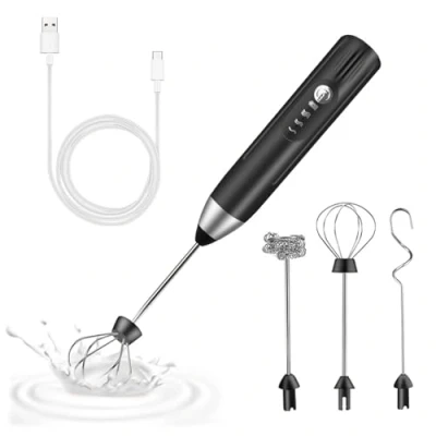 Abbildung von milchaufschäumer elektrisch stab with 3 heads, milk frother USB wiederaufladbar ​milchschäumer einstellbare geschwindigkeiten edelstahl mini schneebesen für matcha latte, cappuccino kaffeemixstab