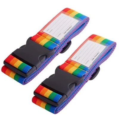 Abbildung von OW Travel Kofferband Gurt Schwerlast Personalisierter Koffergurt mit Adressschild: Luggage Strap Koffer Gurte Gepäckgurt Band Koffergurte farbig 2 Stück Regenbogen