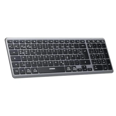 Abbildung von UGREEN Bluetooth Tastatur Kabellos (BT5.0+2.4G), Wiederaufladbare Ultra Slim Scherentastatur mit 4 Kanälen, Keyboard Ziffernblock für macOS/Windows/Linux/Chrome/iOS/Android QWERTZ Layout