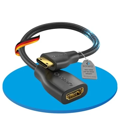 Abbildung von Sonero® Mini HDMI auf 4K Portsaver Adapter, Premium High Speed, C Stecker A Buchse, vergoldete Kontakte, zweifache Abschirmung, PVC Mantel, 0,15m