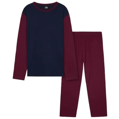 Abbildung von CityComfort Warme Schlafanzug Herren Lang, 2 Teiliges Pyjama Set Geschenke für Teenager (Burgund/Marineblau, M)