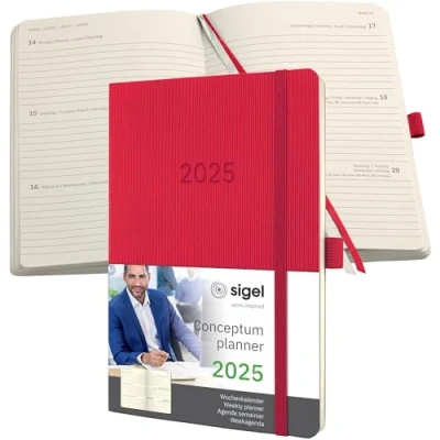 Abbildung von SIGEL C2534 Terminplaner Wochenkalender 2025, ca. A5, rot, Softcover, 192 Seiten, Gummiband, Stiftschlaufe, Archivtasche, aus nachhaltigem Papier, Conceptum