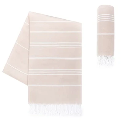 Abbildung von LAYNENBURG Premium Hamamtuch mit handgeknüpften Fransen 100% Baumwolle XXL Strandtuch 100x200 cm Oeko TEX 100 Strandhandtuch groß Saunatuch &amp; Reisehandtuch (Beige)