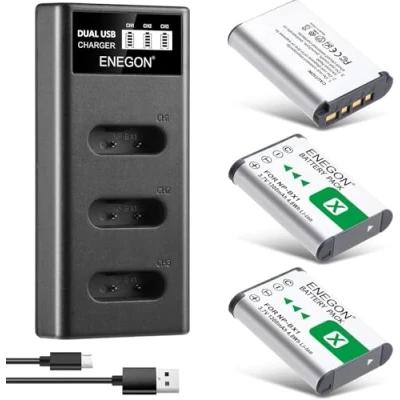 Abbildung von ENEGON Akku NP BX1 (1300mAh 3 Pack) und LCD Ladegerät passend für Sony ZV 1, Cyber Shot DSC RX100, RX100 II/III/M4/M5/M6/M7/Ⅳ/Ⅴ/Ⅵ/Ⅵ/Ⅶ/VA, RX100M II, HDR CX405