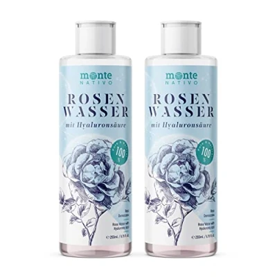 Abbildung von Rosenwasser mit Hyaluron Monte Nativo 2x200ml Naturkosmetik zur Gesichtsreinigung und Gesichtspflege Gesichtswasser Gesichtstoner Rose Water Hyaluronsäure Anti Pickel Hautpflege Skin care