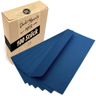Abbildung von Japun Briefumschläge (100 Stück) aus Papier, Kuvert, Umschlag ohne Fenster DIN lang 220 x 110 mm blau