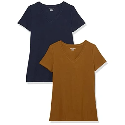 Abbildung von Amazon Essentials Damen Kurzärmeliges T Shirt mit V Ausschnitt, Klassischer Schnitt, 2er Pack, Dunkles Kastanienbraun/Marineblau, L