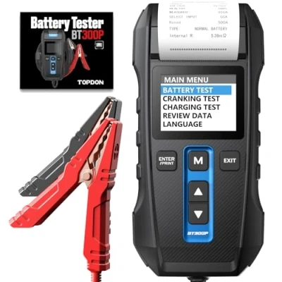 Abbildung von TOPDON Autobatterietester 12V/24V BT300P, 100 2000CCA Batterietester mit drucker, Lade und Anlasssystem Analysator, Verfügbar für Heimwerker Profis, Auto Motorrad SUV LKW Boot.