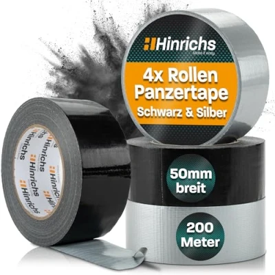 Abbildung von Hinrichs Panzertape silber/schwarz 4 Rollen 50m x 50mm Gewebeband extra starkes Klebeband wasserdichtes Panzerband breites Gewebeklebeband schwarz/grau Duct Tape für Innen und Außen