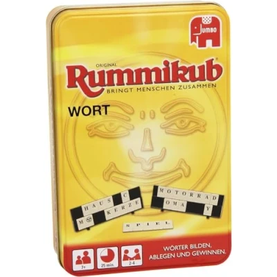 Abbildung von Jumbo Spiele Original Rummikub Wort in Metalldose Das kultige Gesellschaftsspiel der kompakten Dose Für Erwachsene und Kinder ab 7 Jahren