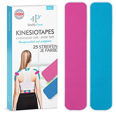 Abbildung von Health Press® Kinesiotapes 50 Kinesiologie Tape Streifen Precut Blau + Rosa (25cm x 5cm) Kinesiotape Profi Physio und Sporttape Hautfreundliche Tapes DERMATEST: SEHR GUT