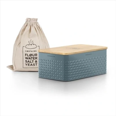 Abbildung von LARS NYSØM Brotkasten I Brotbox aus Metall mit Brotsack Leinen für langanhaltende Frische Brotdose hochwertigem Bambusdeckel verwendbar als Schneidebrett 34x18,5x13,5cm (Stone Blue)