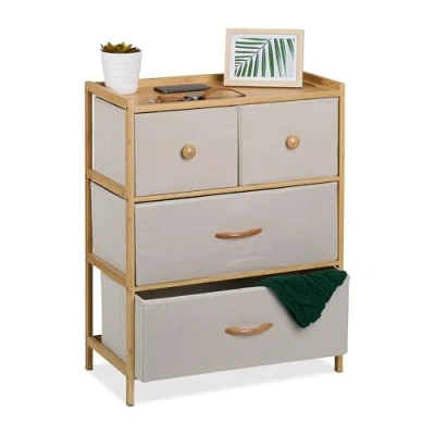 Abbildung von Relaxdays Kommode, Bambus, 4 Stoff Schubladen, Flur, Schlafzimmer, HBT 73 x 57,5 30 cm, Schubladenschrank, Natur/beige