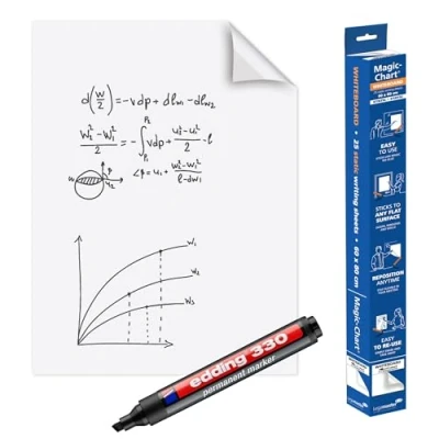 Abbildung von Legamaster Magic Chart Whiteboard Folie statisch selbsthaftend weiß 80x60cm abwischbar und wiederbeschreibbar inkl. 1 Boardmarker 25 Folienblätter auf einer Rolle