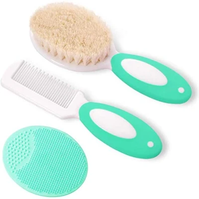 Abbildung von Baby haarbürste und Kamm Set für Neugeborene &amp; Kleinkinder Natürliche Weiche Ziegenborsten Ideal Cradle Cap Geschenk zur registrierung (Grün)