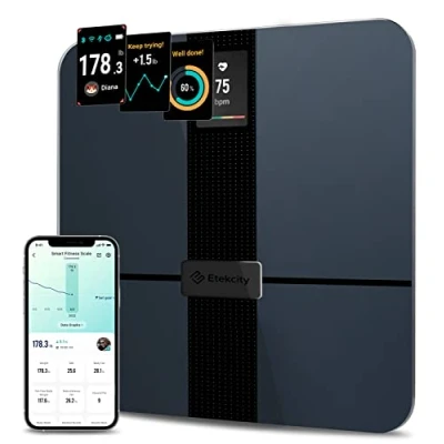 Abbildung von Etekcity Körperfettwaage mit Großem Display, Waage Körperfett und Muskelmasse, präzise Personenwaage Herzfrequenz, unbegrenzte Benutzerprofile in der App, Wifi&amp;Bluetooth, USB Aufladung