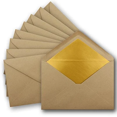 Abbildung von 50x DIN C5 Kuverts 15,7 x 22,5 cm aus Kraft Papier in sandbraun mit goldenem Seidenfutter Nassklebung Blanko Brief Umschläge Recycling Serie UmWelt