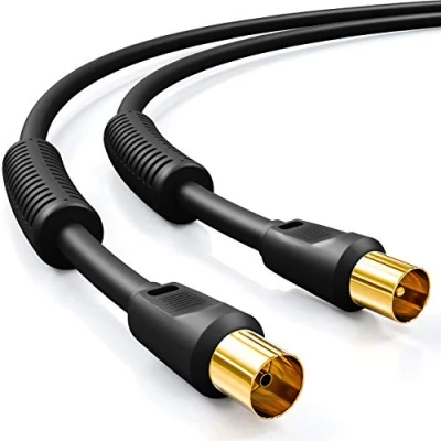 Abbildung von deleyCON 2m TV Antennenkabel Koaxial Kabel HDTV 4 fach Schirmung 2x Ferritkern Mantelstromfilter DVB T T2 Radio DAB Schwarz