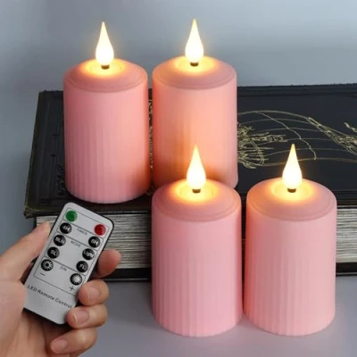 Abbildung von FREEPOWER 4er Rosa LED Kerzen mit Timerfunktion Fernbedienung Flackern Outdoor Batteriebetrieben Stumpenkerzen Warmweiß Flammenlose Advenskerzen Adventskranz Deko, 350+ Stunden, Ø5 x 10.5cm