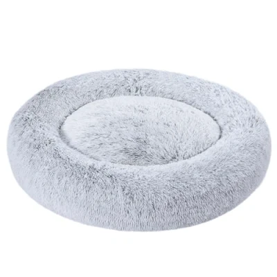 Abbildung von Amazon Basics Weich Haustierbett für Hund, Donut Kissen, Kunstfell, Maschinenwaschbar, 91 cm, Grau