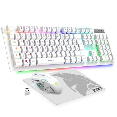 Abbildung von Empire Gaming Armor RF800 Pack Clavier Souris sans Fil AZERTY (Français Layout) RGB Avec Tapis de 2.4G 4800 DPI PC PS4 PS5 Xbox One/Series Mac Blanc