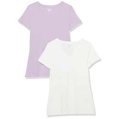 Abbildung von Amazon Essentials Damen T Shirt mit kurzen Ärmeln und V Ausschnitt in normaler Passform, 2er Pack, Pastelllila/Weiß, S