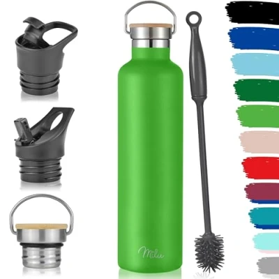 Abbildung von Milu Edelstahl Trinkflasche 500ml 750ml 1000ml (+3 Deckel) Thermosflasche mit Strohhalm, Isolierte Wasserflasche, Auslaufsichere Isolierflasche doppelwandig, Kohlensäure geeignet (Apfelgrün, 1000ml)