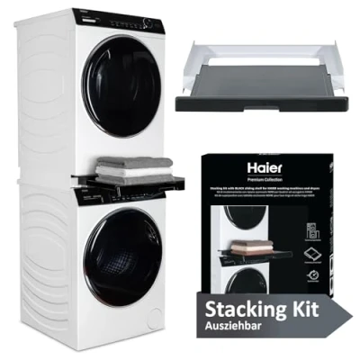 Abbildung von Haier Premium Verbindungsrahmen für Waschmaschinen &amp; Trockner/Ausziehfläche Wäschekorb/kompatibel mit der Serien 3, 5, 7 und Trocknern 5 / schwarz weiß
