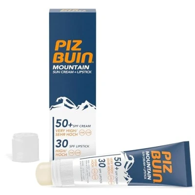 Abbildung von PIZ BUIN Mountain 2 in 1 Sonnencreme LSF 50+ (20 ml) und Lippenpflege 30 (2,3 ml), feuchtigkeitsspendender Sonnenschutz speziell fürs Skifahren Wandern, schützt vor Wind Kälte